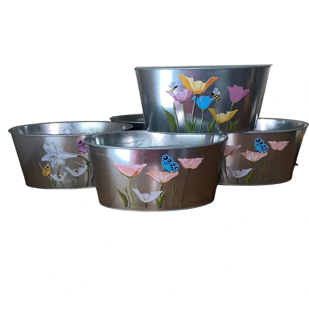 Set of 5 Floral Butterfly Metal Tins 7in Spring Garden Rustic Decor Storage‎